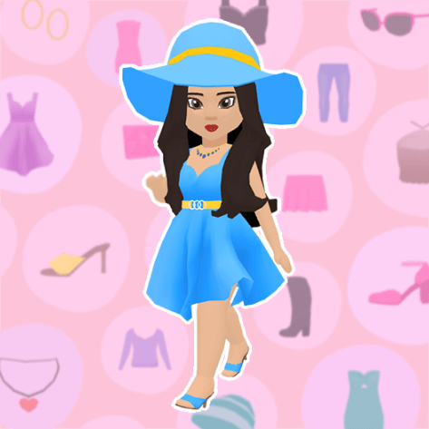 A girl wears a blue dress, heeled sandals, and sunhat